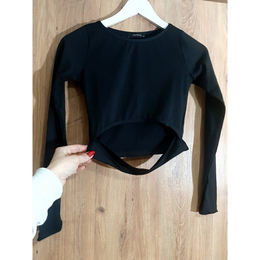 Siyah Kadın Uzun Kollu Crop Top - Görsel 2