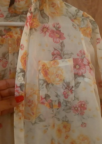 s Beden Bej Çiçek Desenli Transparan Bohem Kimono