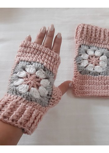 Retro Pastel Pembe Cicekli Orgu Parmaksiz Eldiven