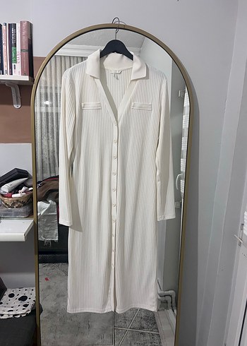 Uzun Beyaz V Yaka Triko Kadın Elbise - Görsel 6