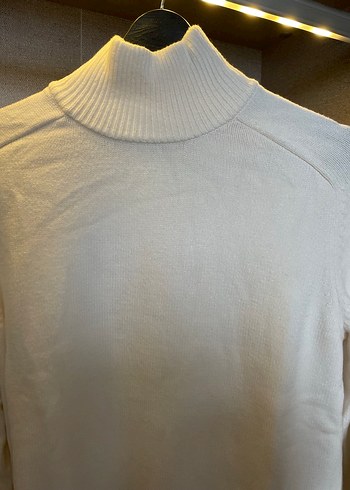 Kadın Beyaz Yüksek Yakalı Örgü Keten Kazak - Görsel 3