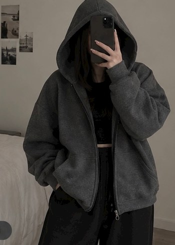 Diğer Koyu Gri Oversize Kapusonlu Fermuarli Sweatshirt