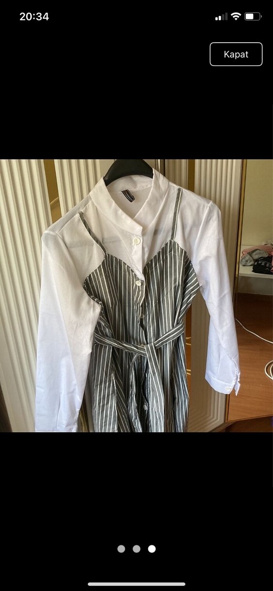 Gri Çizgili Kemerli Uzun Kadın Elbise - Görsel 2