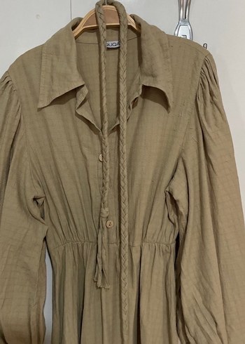 Bej Kemerli Uzun  müslin elbise - Görsel 2