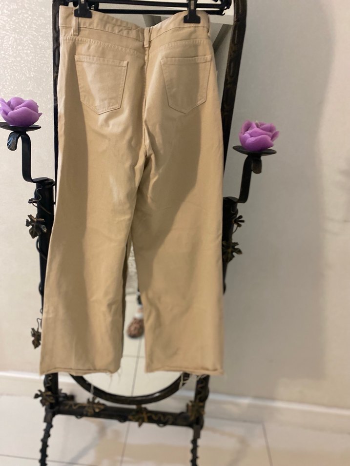 Bej Kadın Salaş Kesim Midi Boy Kot Pantolon - Görsel 3