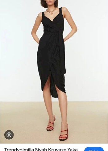 Siyah Drapeli V Yaka Mini Elbise - Görsel 2