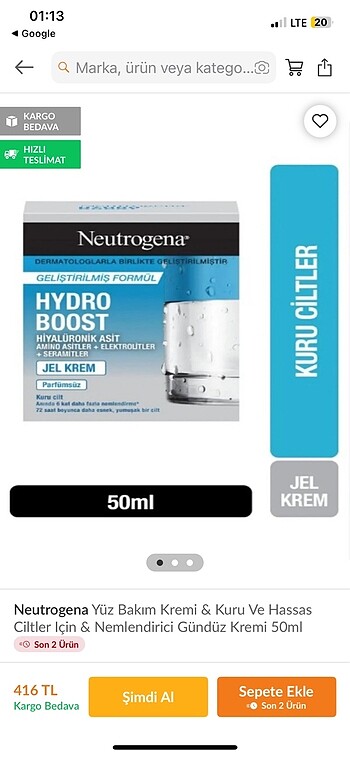 Neutrogena Yüz Bakım Kremi & Kuru Ve Hassas Ciltler Için & Nemle