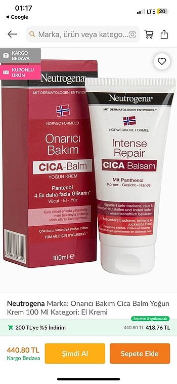 Neutrogena Onarıcı Bakım Cica Balm Yoğun Krem 100 MI