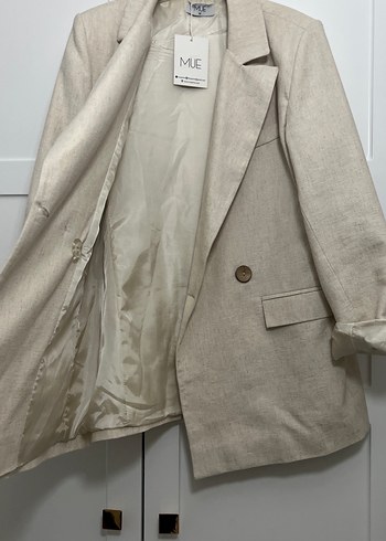 Düğmeli Bej Keten Kadın Blazer Ceket - Görsel 3