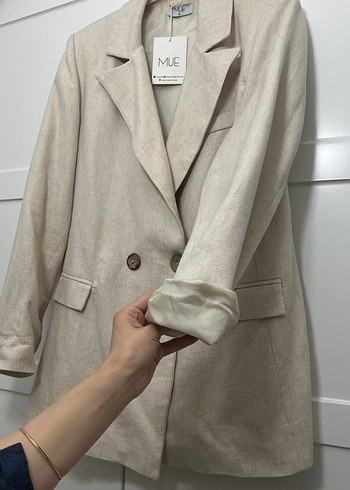 Düğmeli Bej Keten Kadın Blazer Ceket - Görsel 8