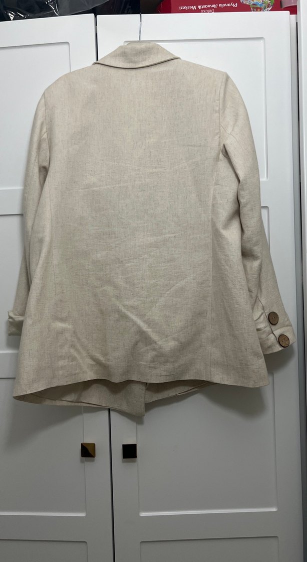 Düğmeli Bej Keten Kadın Blazer Ceket - Görsel 2