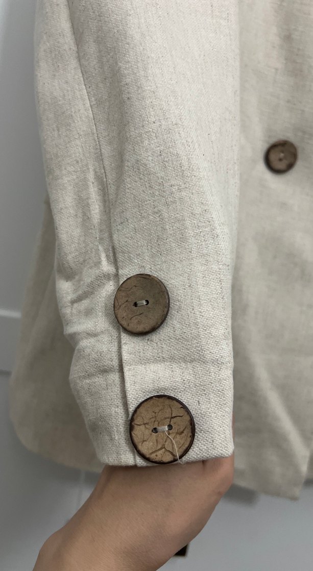 Düğmeli Bej Keten Kadın Blazer Ceket - Görsel 5