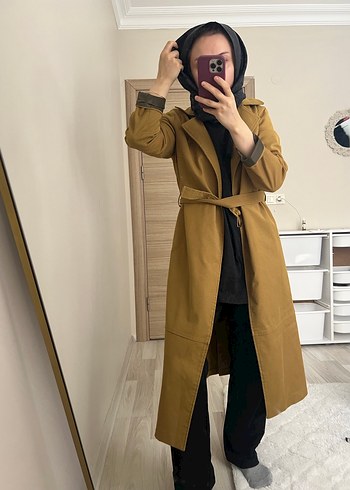 Kadın Camel Süet Kuşaklı Uzun Trençkot - Görsel 3