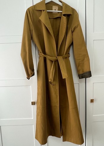 Kadın Camel Süet Kuşaklı Uzun Trençkot - Görsel 5
