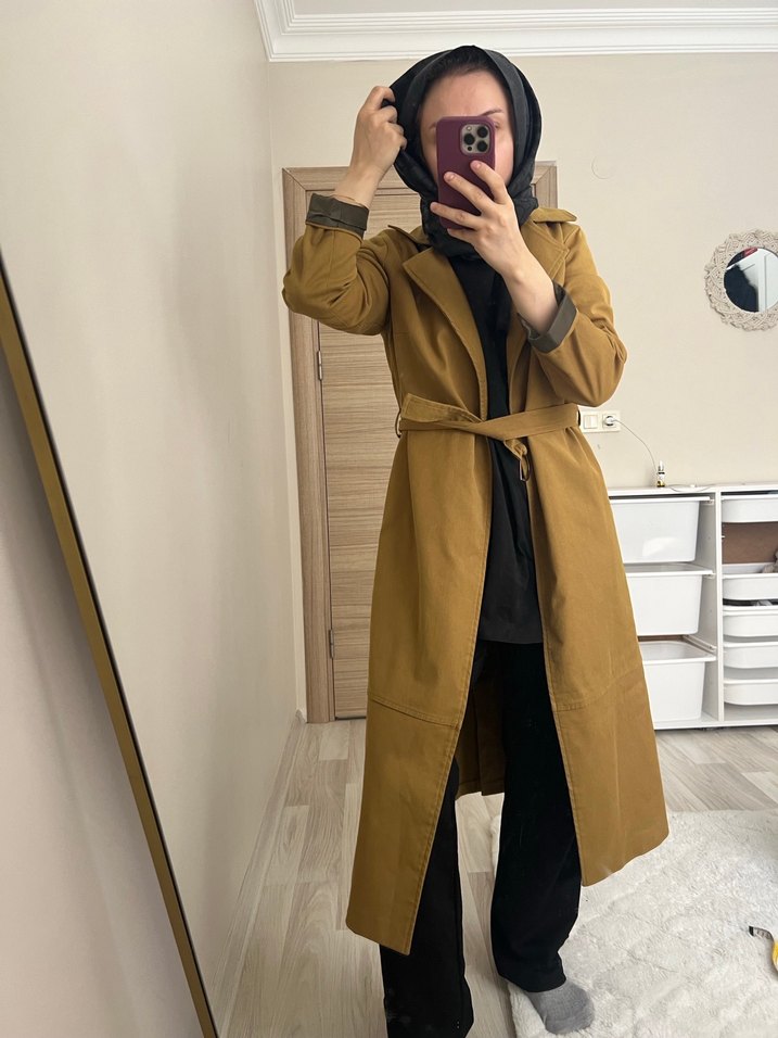 Kadın Camel Süet Kuşaklı Uzun Trençkot - Görsel 3