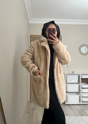 Bej Peluş Midi Kadın Kaban - Görsel 2