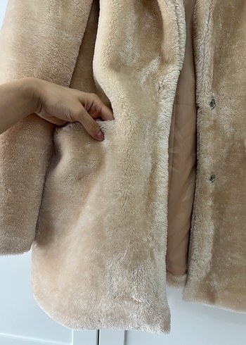 Bej Peluş Midi Kadın Kaban - Görsel 4