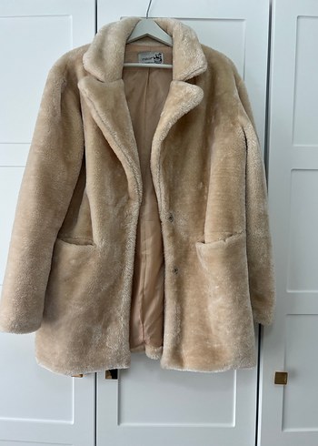 Bej Peluş Midi Kadın Kaban - Görsel 9