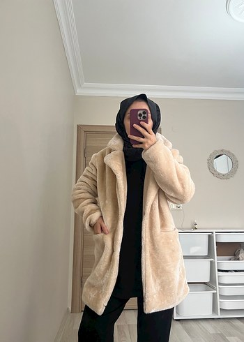 Bej Peluş Midi Kadın Kaban - Görsel 3