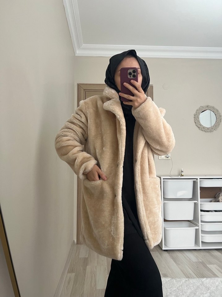 Bej Peluş Midi Kadın Kaban - Görsel 2