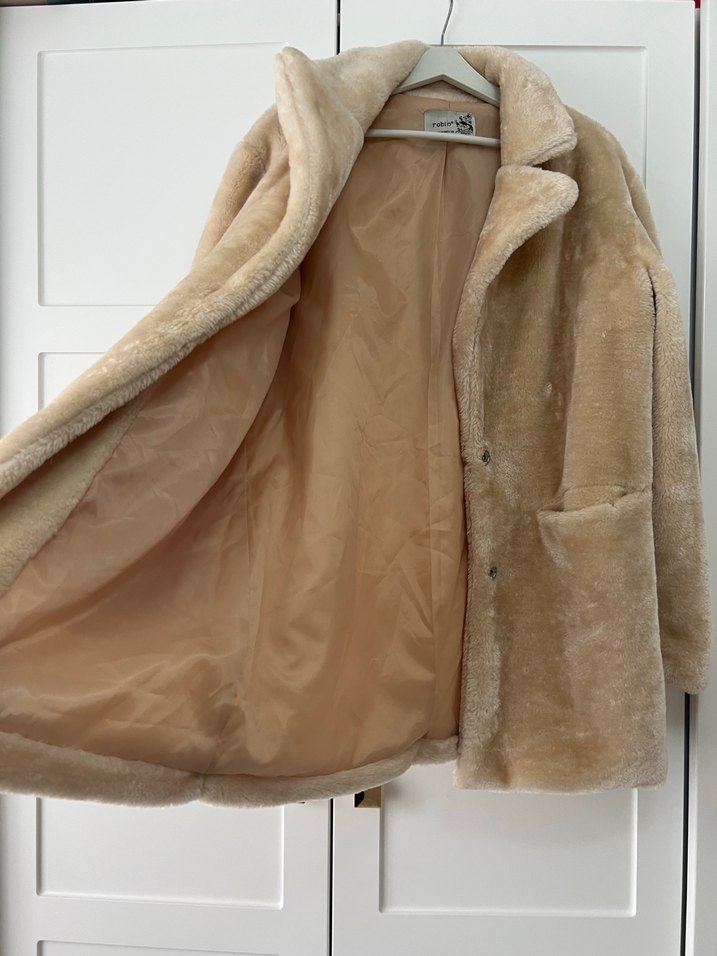 Bej Peluş Midi Kadın Kaban - Görsel 5