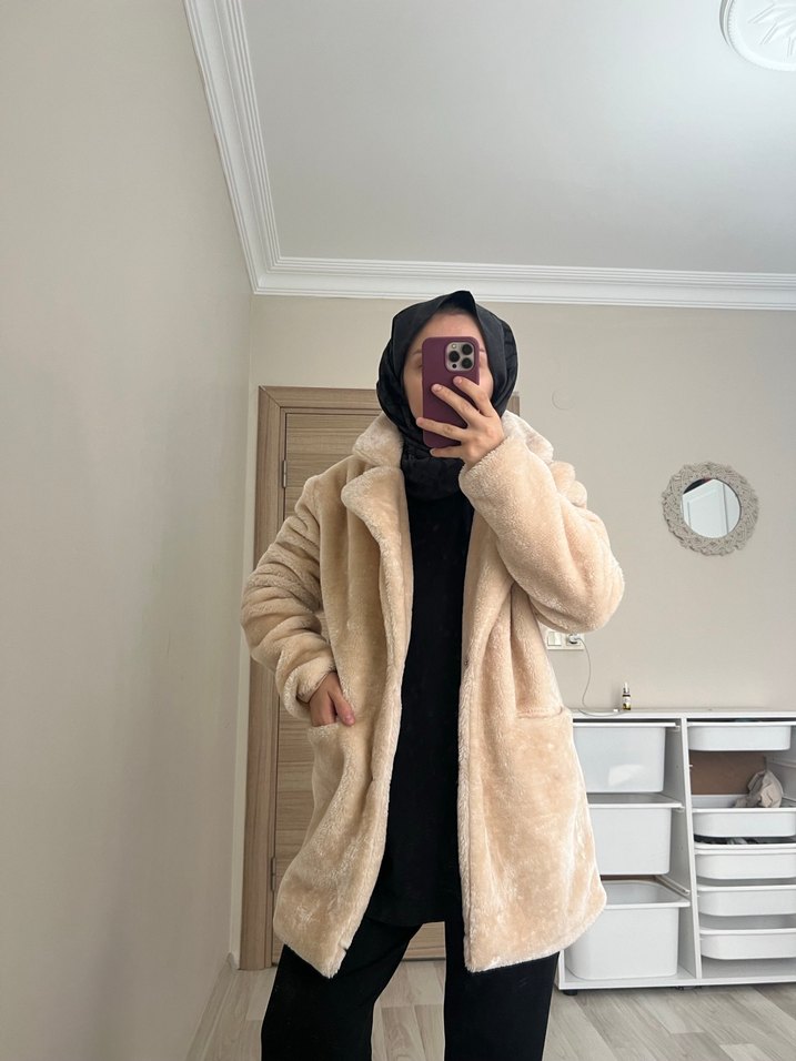 Bej Peluş Midi Kadın Kaban - Görsel 3
