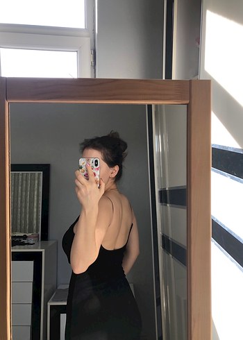 Siyah İnce Askılı Midi Elbise - Görsel 4