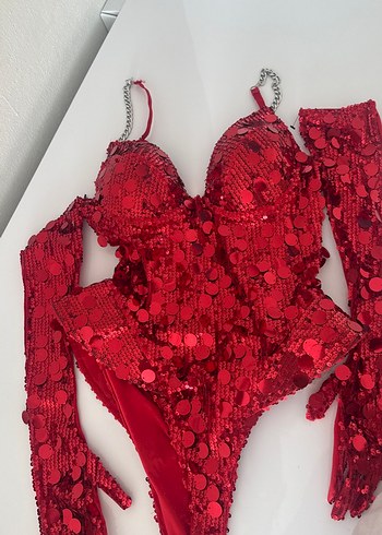 Diğer Kirmizi Payetli Siklik Balon Kolsuz Bodysuit Eldiven Seti