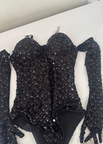 Diğer Siyah Payetli Balenli Bodysuit Eldiven Seti