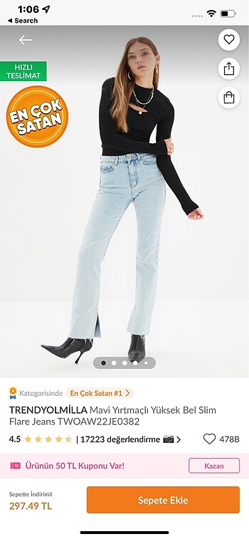 Trendyolmilla mavi yirtmacli yuksek bel jean