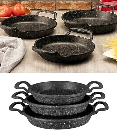 Diğer 3?lü Set Döküm Siyah Granit Sahan Tava 22cm-20cm-18cm