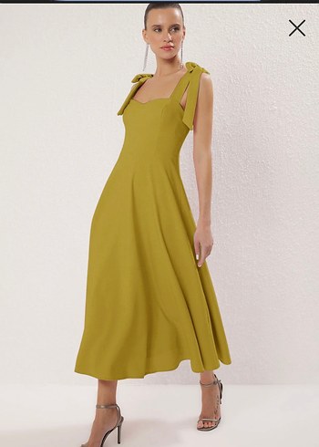 Yağ yeşili A kesim askı bağlama midi elbise - Görsel 3