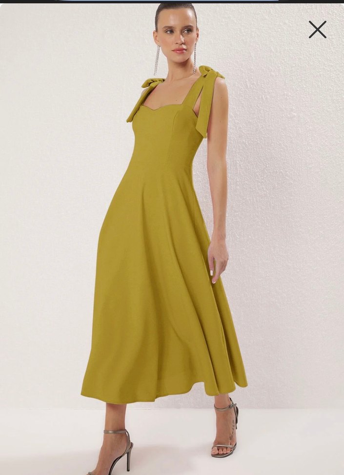 Yağ yeşili A kesim askı bağlama midi elbise - Görsel 3