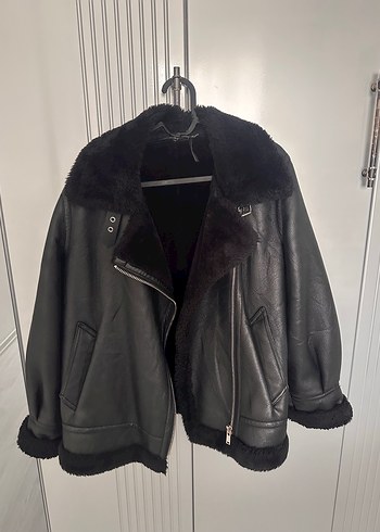 Siyah Kürklü Deri Biker mont - Görsel 2