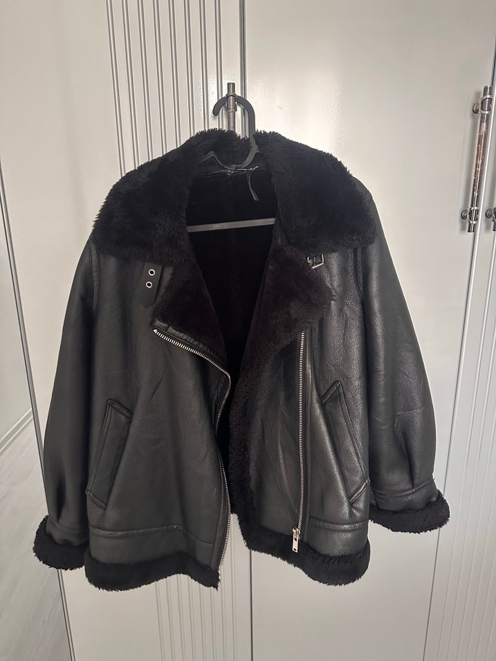 Siyah Kürklü Deri Biker mont - Görsel 2