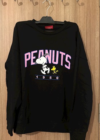 Siyah Peanuts Baskılı Puff Kol Kadın Sweatshirt snopy #disney