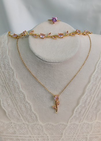 Accessorize Pembe Tasli Altin Cicekli Taki Seti