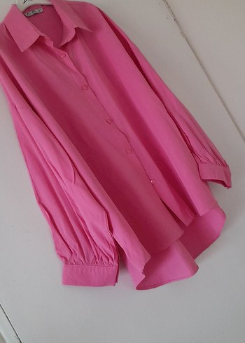 Pembe Uzun Kollu Düğmeli Kadın Gömlek