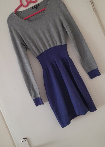 mango Gri-Mavi Uzun Kollu Triko Midi Elbise - Görsel 2