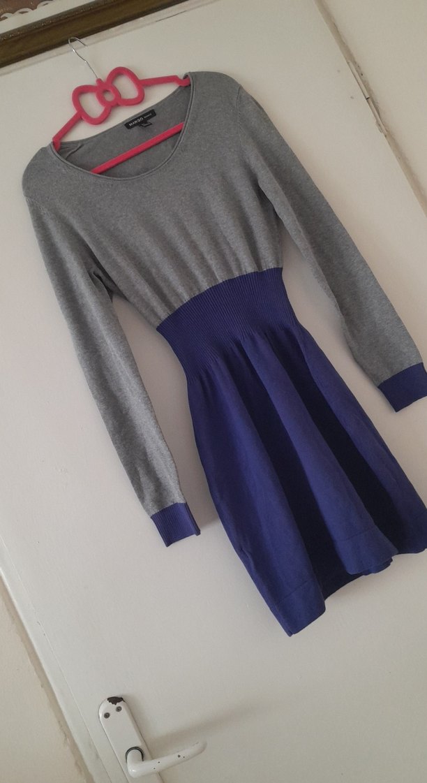 mango Gri-Mavi Uzun Kollu Triko Midi Elbise - Görsel 5