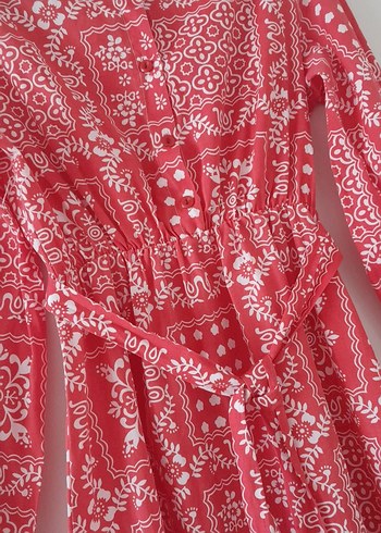 Pembe Bohem Uzun Kollu Kuşaklı Elbise - Görsel 4