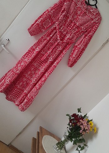 Pembe Bohem Uzun Kollu Kuşaklı Elbise - Görsel 6