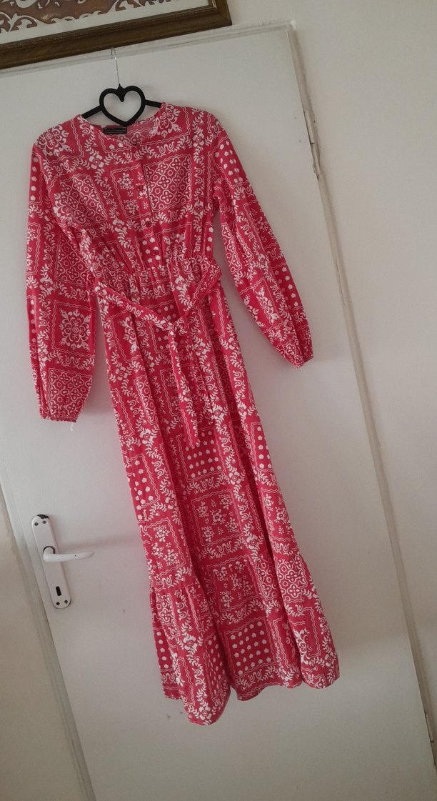 Pembe Bohem Uzun Kollu Kuşaklı Elbise - Görsel 2