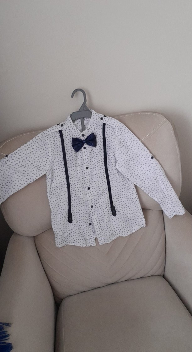 Erkek Çocuk Beyaz Desenli Papyonlu Gömlek - Görsel 3