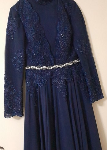 Lacivert Uzun Kollu Abiye Elbise - Görsel 9