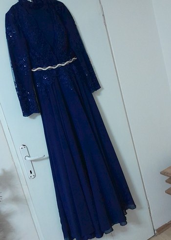 Lacivert Uzun Kollu Abiye Elbise - Görsel 7