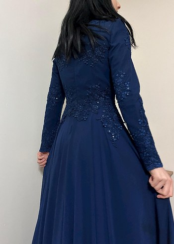 Lacivert Uzun Kollu Abiye Elbise - Görsel 5