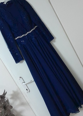 Lacivert Uzun Kollu Abiye Elbise - Görsel 13