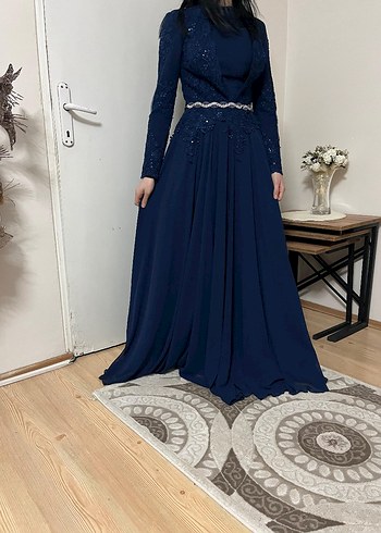 Lacivert Uzun Kollu Abiye Elbise - Görsel 2