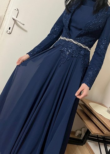 Lacivert Uzun Kollu Abiye Elbise - Görsel 6
